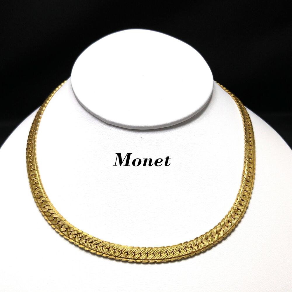 Vintage Monet Gold Herringbone Necklace 16" Flat Chain 1980s